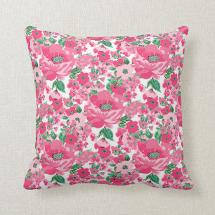 Cute Hand Paint Pink Flowers Elegant White Design Cushion