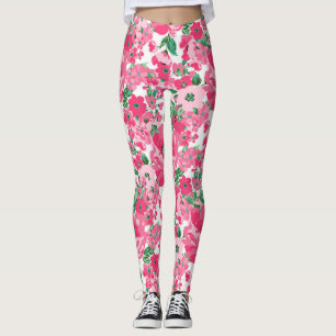 Cute Hand Paint Pink Flowers Elegant White Design Leggings