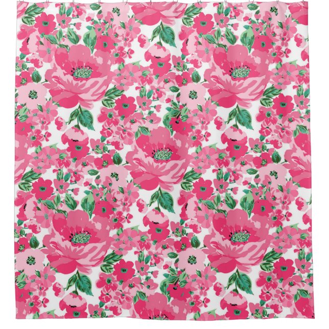 Cute Hand Paint Pink Flowers Elegant White Design Shower Curtain (Front)