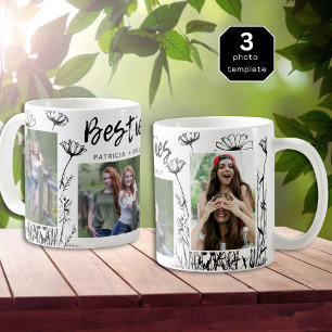 Cute Handdrawn Wildflowers 3 Photo Collage Besties Coffee Mug