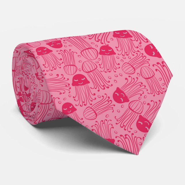 Cute handmade jelly fish pattern pink background tie (Rolled)