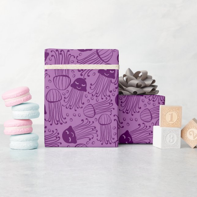 Cute handmade jelly fish pattern purple background wrapping paper (Baby Shower)
