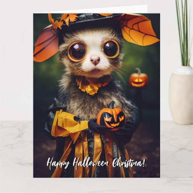 Cute Handmade Style Autumn Pumpkin Halloween Cat  Card (Front)