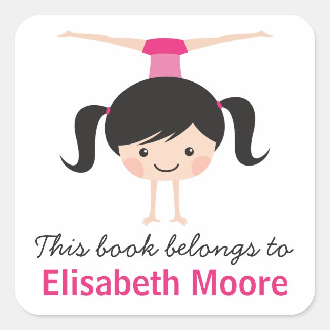 Cute handstand gymnast girl cartoon bookplate book square sticker (Front)