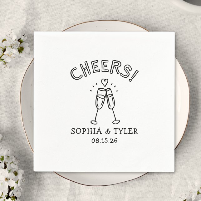 Cute Handwritten Cheers Simple Custom Name Wedding Napkin (Pop the bubbly! These custom wedding napkins with your names and date add a fun, chic touch! Cheers!)
