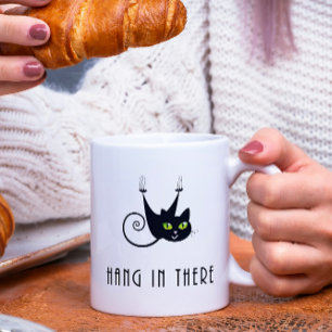 Cute Hang in There Hanging Black Cat Green Eyes Coffee Mug