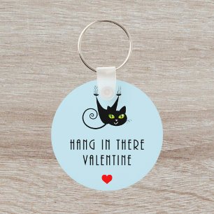 Cute Hang in There Valentine Hanging Black Cat Key Ring