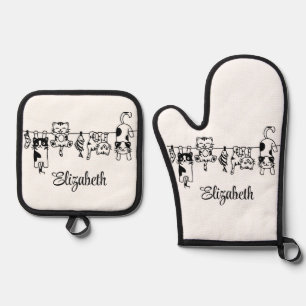 Cute Hanging Kittens Custom Name Oven Mitt & Pot Holder Set