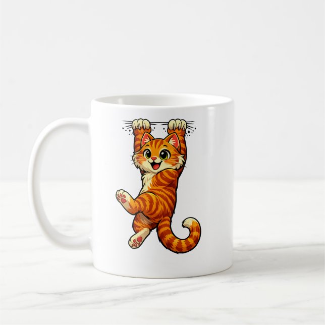Cute Hanging Orange Tabby Cat Coffee Mug (Left)