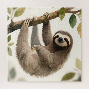 Cute Hanging Sloth Watercolor Relaxed Smile Jigsaw Puzzle