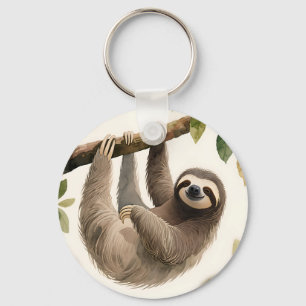 Cute Hanging Sloth Watercolor Relaxed Smile Key Ring