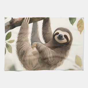 Cute Hanging Sloth Watercolor Relaxed Smile Tea Towel