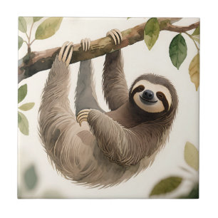 Cute Hanging Sloth Watercolor Relaxed Smile Tile