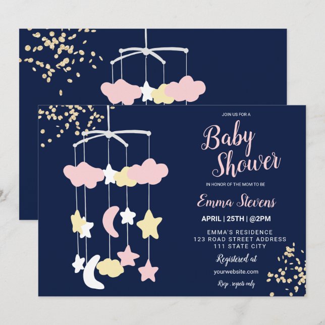 Cute hanging toy sky gold glitter baby shower invitation (Front/Back)