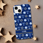 Cute Hanukkah Dreidel Menorah Blue Monogram iPhone 14 Case<br><div class="desc">Beautiful Hanukkah iPhone 14 case in pretty blue with a cool pattern of Judaism star,  dreidel for fun Chanukah games,  and the Jewish menorah. Customise with your monogram in white between the gold lines.</div>