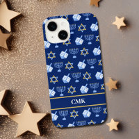 Cute Hanukkah Dreidel Menorah Blue Monogram