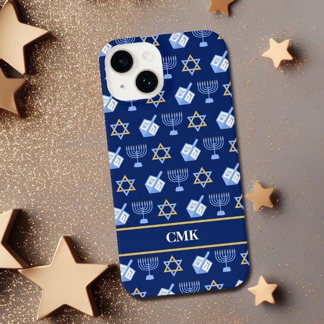 Cute Hanukkah Dreidel Menorah Blue Monogram iPhone Case (Creator Uploaded)