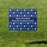 Cute Hanukkah Dreidel Menorah Custom Blue Yard Garden Sign<br><div class="desc">Beautiful custom Hanukkah yard sign in pretty blue with a cool pattern of Judaism star,  dreidel for fun Chanukah games,  and the Jewish menorah. Pretty outdoor holiday decor with your last name customised in white between the gold lines.</div>