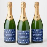 Cute Hanukkah Dreidel Menorah Customisable Party Sparkling Wine Label<br><div class="desc">Beautiful custom Hanukkah party sparkling wine label in pretty blue with a cool pattern of Judaism star,  dreidel for fun Chanukah games,  and the Jewish menorah. Pretty holiday dinner accessory or guest gift with your last name customised in white.</div>