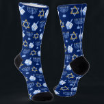 Cute Hanukkah Dreidel Menorah Pattern Blue Gold Socks<br><div class="desc">Beautiful Hanukkah socks in pretty blue with a cool pattern of Judaism star,  dreidel for fun Chanukah games,  and the Jewish menorah for the holiday.</div>