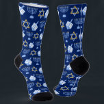 Cute Hanukkah Dreidel Menorah Pattern Blue Gold Socks<br><div class="desc">Beautiful Hanukkah socks in pretty blue with a cool pattern of Judaism star,  dreidel for fun Chanukah games,  and the Jewish menorah for the holiday.</div>