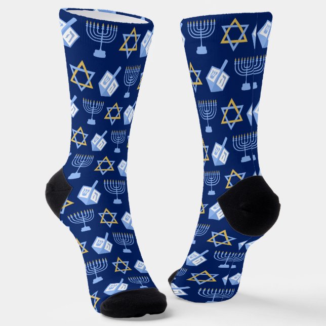 Cute Hanukkah Dreidel Menorah Pattern Blue Gold Socks (Angled)