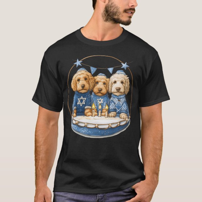 Cute Hanukkah Goldendoodle Dogs Menorah Doodle Can T-Shirt (Front)
