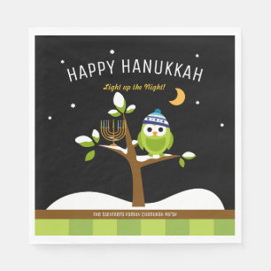 Cute Hanukkah Light up the Night Owl & Menorah Napkin