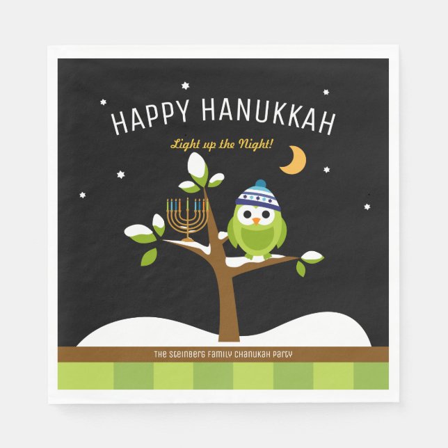 Cute Hanukkah Light up the Night Owl & Menorah Napkin (Front)