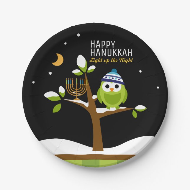 Cute Hanukkah Light up the Night Owl & Menorah Paper Plate (Front)