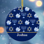 Cute Hanukkah Pattern Blue Monogram Holiday Ceramic Tree Decoration<br><div class="desc">Beautiful Hanukkah ornament in pretty blue with a cool pattern of Judaism star,  dreidel for fun Chanukah games,  and the Jewish menorah for the holiday.</div>