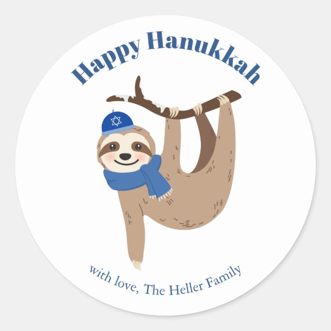 Cute Hanukkah Sloth Classic Round Sticker (Front)
