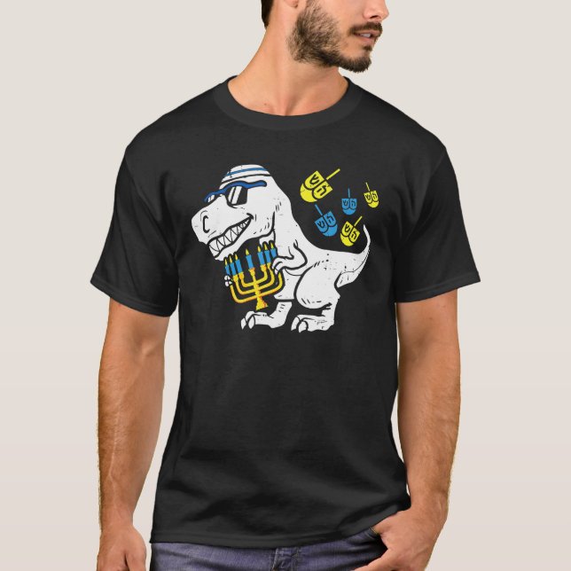 Cute Hanukkah T - Rex Dinosaur Menorasaurus T-Shirt (Front)