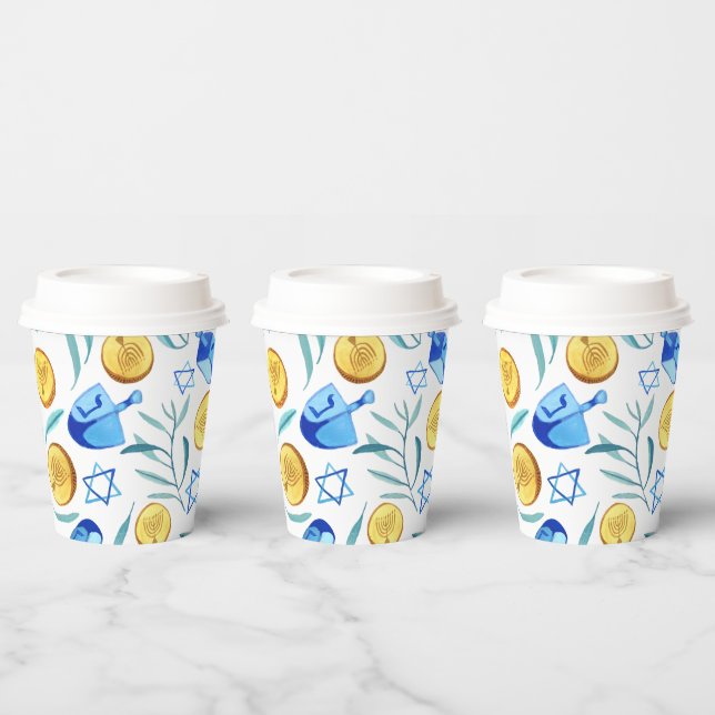 Cute Hanukkah Watercolor Bar Bat Mitzvah Jewish Paper Cups (Multi)