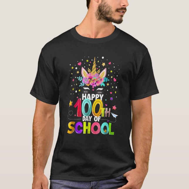 Cute Happy 100th Day Of School Unicorn Teacher Stu T-Shirt (Front)
