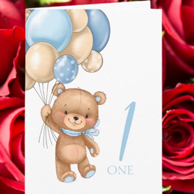 Cute Happy 1st Birthday Card (Celebrate a baby boy’s first birthday with this adorable blue balloons and teddy card.)