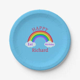 Cute Happy 1st Birthday Rainbow Blue Party Paper Plate