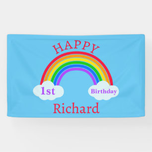 Cute Happy 1st Birthday Rainbow Clouds Blue Banner