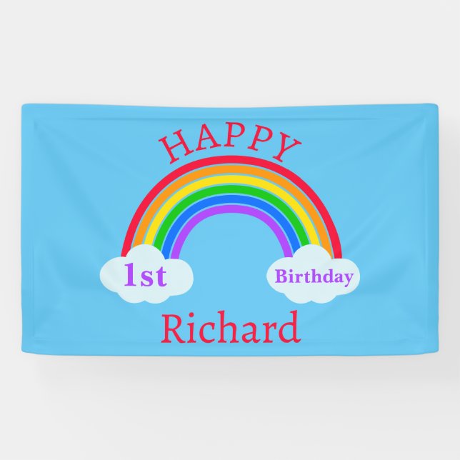 Cute Happy 1st Birthday Rainbow Clouds Blue Banner (Horizontal)