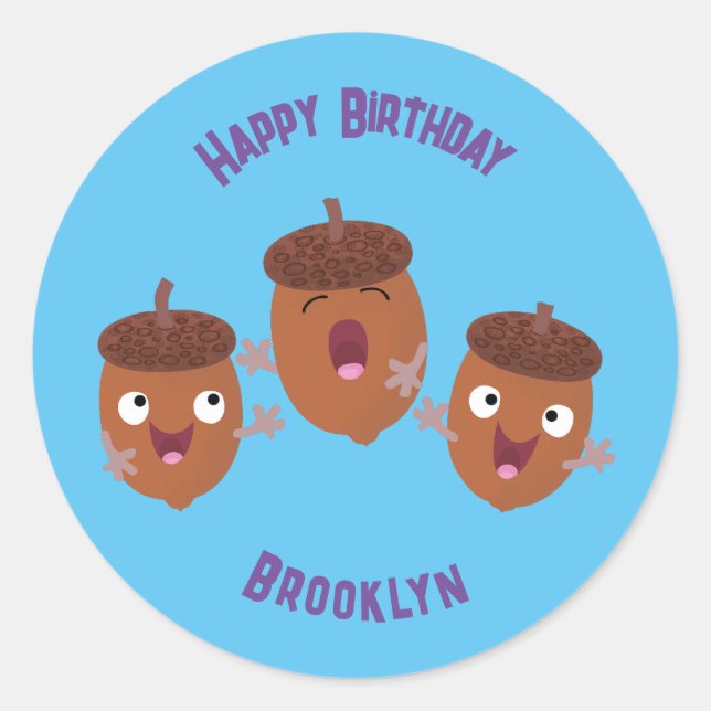 Cute happy acorns singing cartoon for kids classic round sticker (Front)