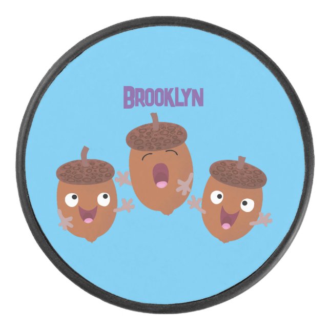 Cute happy acorns singing cartoon for kids hockey puck (Front)