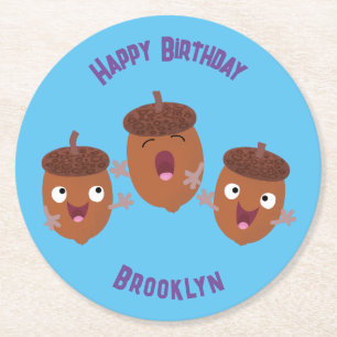 Cute happy acorns singing cartoon for kids round paper coaster