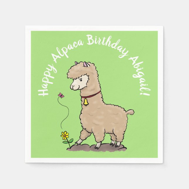 Cute happy alpaca with butterfly birthday cartoon napkin (Front)