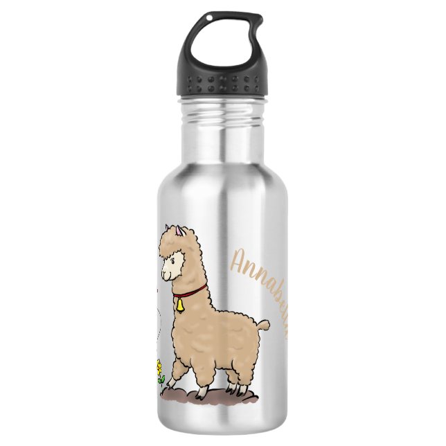Cute happy alpaca with butterfly cartoon 532 ml water bottle (Front)