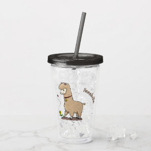 Cute happy alpaca with butterfly cartoon acrylic tumbler
