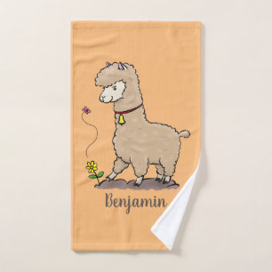 Cute happy alpaca with butterfly cartoon bath towel set