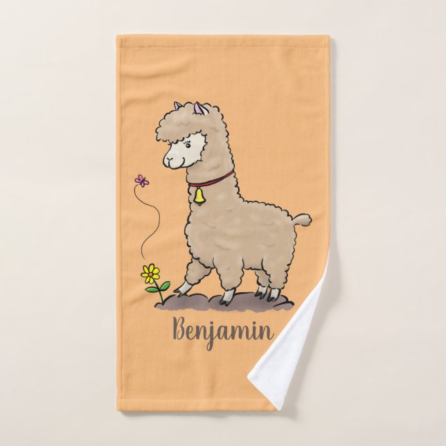 Cute happy alpaca with butterfly cartoon bath towel set (Hand Towel)