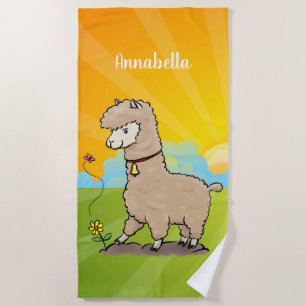Cute happy alpaca with butterfly cartoon beach towel