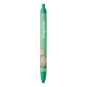 Cute happy alpaca with butterfly cartoon black ink pen