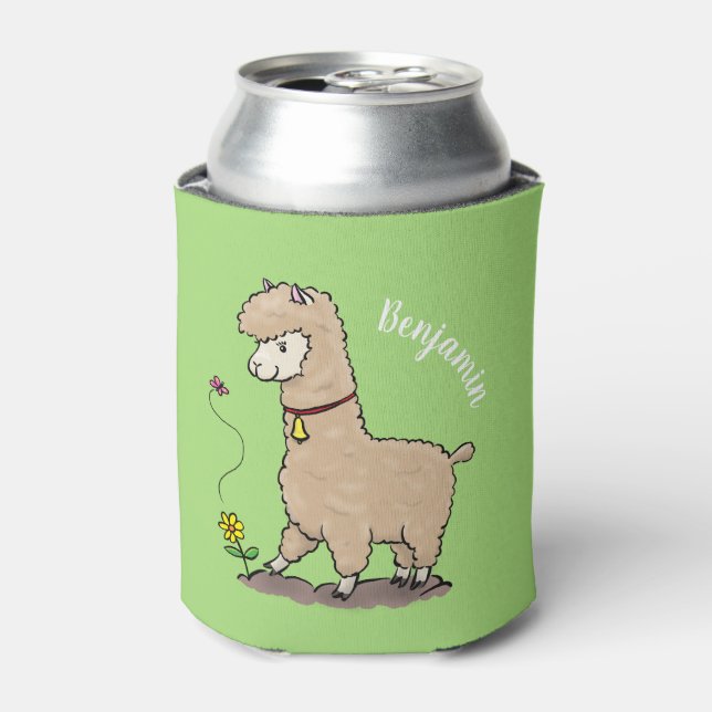 Cute happy alpaca with butterfly cartoon can cooler (Can Front)